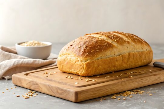 Freshly baked artisan bread on a rustic wooden board - Powered by Adobe