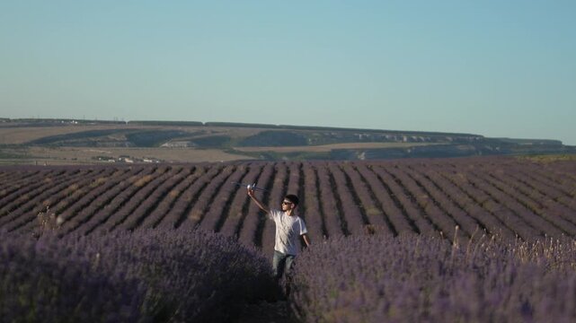 Boy lavender airplane happy child running through purple flower field holding toy model plane