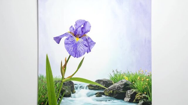 A serene scroll featuring a vibrant iris bloom, flowing water, and lush greenery in a soft setting