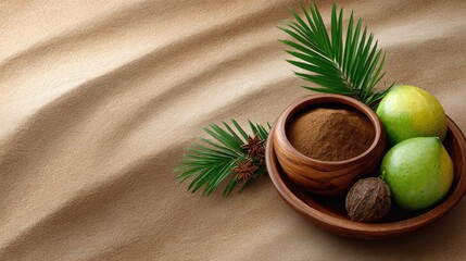 Natural ingredients placed in a wooden bowl with fruits and leaves on sandy surface