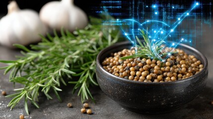 Cilantro seeds in a bowl with garlic and herbs on a kitchen table amid digital data overlay showing growth