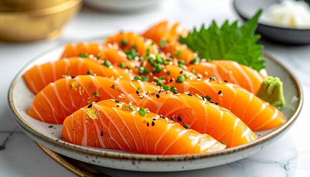 A plate of fresh, thinly sliced salmon sashimi, neatly arranged on a white ceramic plate. The salmon slices are bright orange with distinct white streaks of fat, garnished with a sprinkling of wid