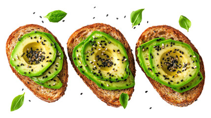 Avocado toast with black and white sesame seeds and basil leaves on a gray background
