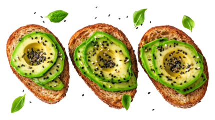 Avocado toast with black and white sesame seeds and basil leaves on a gray background