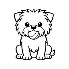 Cute fluffy puppy dog holding ball in mouth, black and white outline cartoon vector illustration for pet play, sticker, logo or coloring page