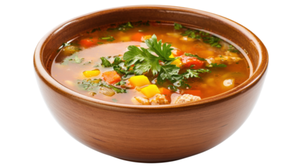 Bowl of tasty meat soup with fresh vegetables for healthy balanced food isolated