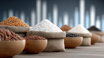 Various types of grains and seeds in bags and bowls on a wooden table with a blurred background