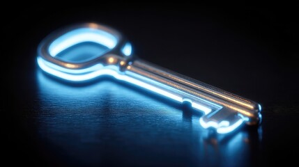 Glowing blue key on dark background, symbolizing security and access