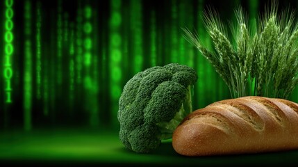 Green vegetables and bread display next to a digital background with bright green lines and numbers
