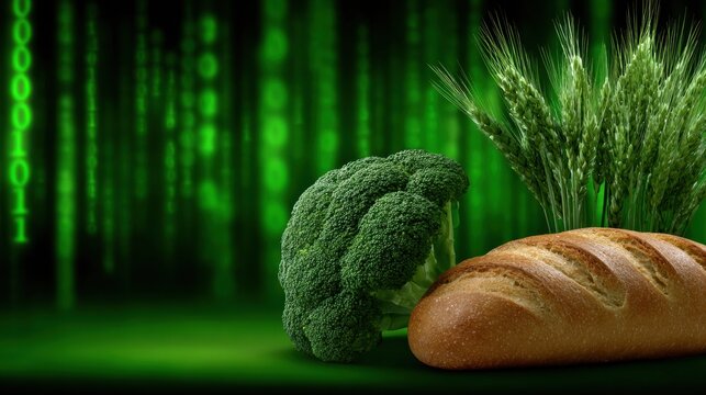 Green vegetables and bread display next to a digital background with bright green lines and numbers