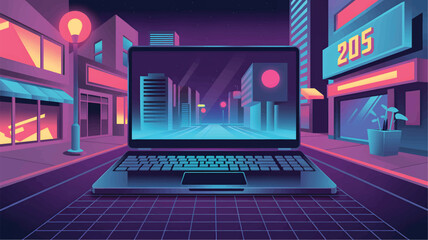 Obraz premium Laptop on a city street at night with neon lights and a grid floor