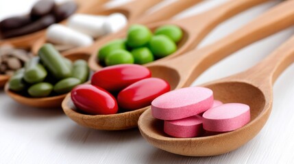 Different types of pills and vitamins placed on wooden spoons in a row on a white surface during daytime