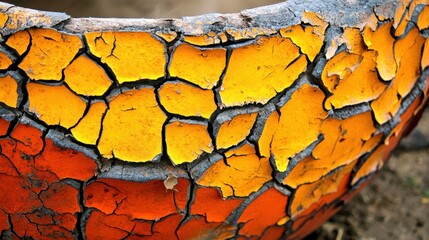 Cracked peeling paint texture on an abandoned object showing layers of orange yellow and grey in a close up view
