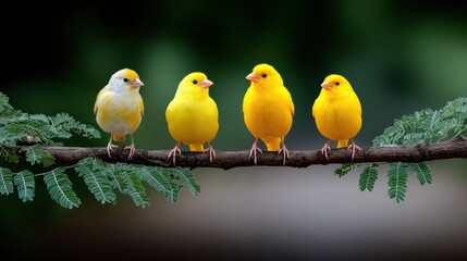 Bright yellow birds sit on a branch in a garden during daytime