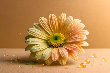 Delicate gerbera daisy with dew drops on a neutral background