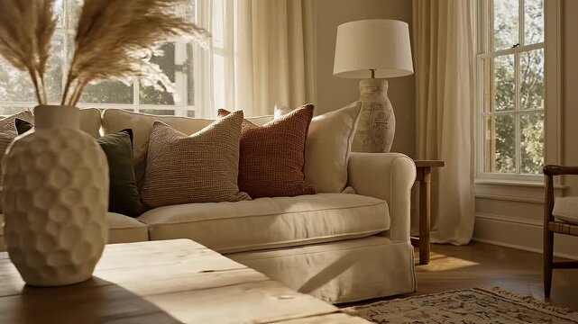A serene living room with a vase of pampas grass on a wooden coffee table in a video showcasing interior design
