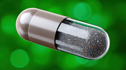 Capsule filled with small particles placed against a green background with bokeh effects during daylight