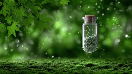 Glass jar hangs above green moss with small green beads inside surrounded by leaves on a bright day