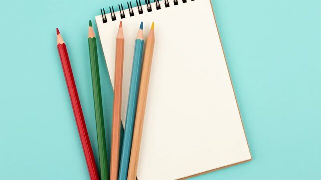 A blank notebook and colorful pencils on a turquoise surface, minimalist composition
