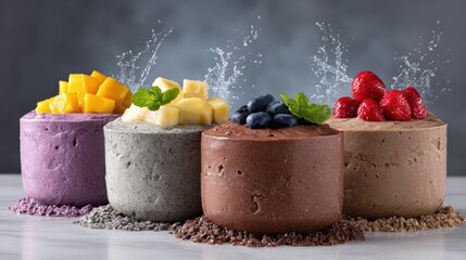 Different flavors of frozen desserts with fruit toppings on a marble surface