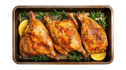 Roasted half chickens served with lemon and rosemary on tray viewed from above