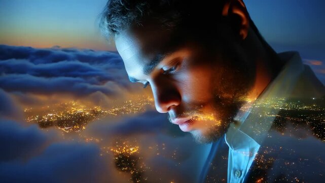 A contemplative man stands against a backdrop of a city skyline illuminated by a sea of clouds, capturing a moment of introspection and dreams as he gazes thoughtfully, enveloped by a dreamy landscape