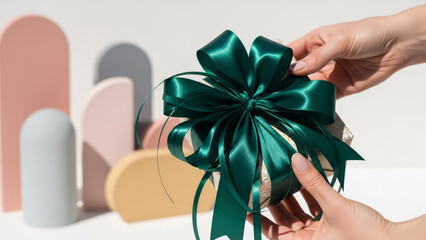 Gift wrapped with green satin ribbon held in hands against minimalistic background of pastel shapes. Gift presentation features elegant bow in rich emerald color.