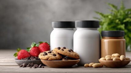 Cookies, chocolate chips, strawberries, and jars sit on a wooden table in a bright kitchen setting during the afternoon