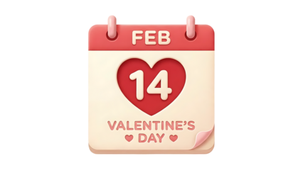 Cute 3D calendar icon for February 14 Valentine's Day isolated on white background
