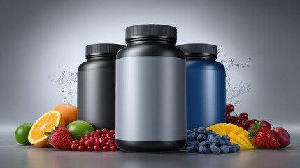 Different containers with fruits and berries on a smooth surface in a studio setting