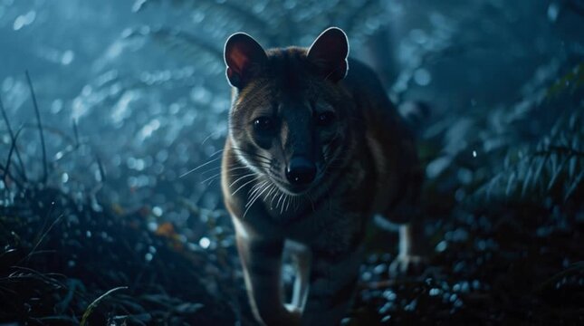 Nocturnal Fossa-like creature lurking in mysterious dark forest jungle