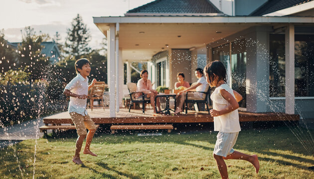Family playing outside the home