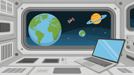Space station interior with a laptop and a view of Earth, planets, and satellite design © srdesignhouse