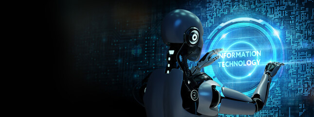 IT consultant presenting tag cloud about information technology. 3d illustration