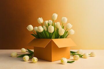 Elegant white tulips in a simple cardboard box