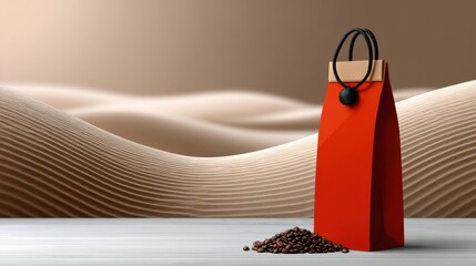 Brown sand and red bag with coffee beans on wooden surface in simple setting