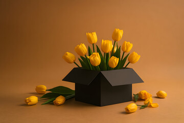 Vibrant yellow tulips elegantly arranged in a black box