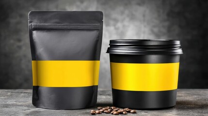 Coffee packaging on a table with beans in a cafe setting during the morning hours