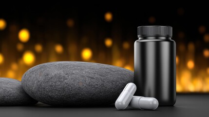 Black container with white capsules and smooth stones on surface with blurred golden background