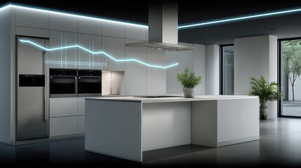 Modern kitchen design with sleek appliances and bright lighting in an open space during daytime