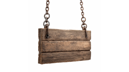 Rustic weathered wooden sign made of three horizontal planks hanging by old metal chains