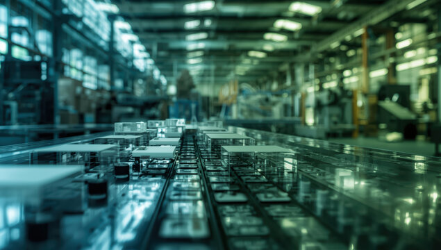 Circuit board assembly line with electronic components and industrial depth of field, futuristic