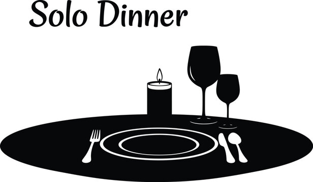 Black and white graphic illustration symbolizing a solitary candlelit dinner setting for one person at a table