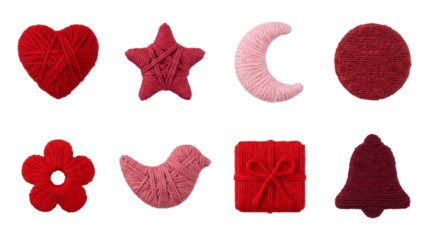 Red and pink yarn ornament set including heart, star, moon, bird, gift, and bell shapes isolated. Handmade holiday decoration and craft collection.