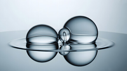 Three perfectly spherical clear water droplets reflecting on a calm smooth surface in a bright clean