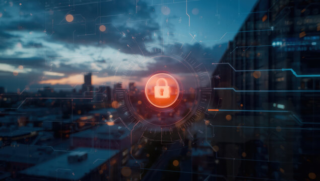 Secure digital lock icon over urban skyline at dusk conveying cyber security confidence