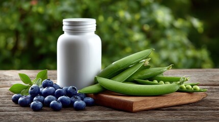 Fresh blueberries and sugar snap peas next to a vitamin bottle on wooden table outdoors at daytime