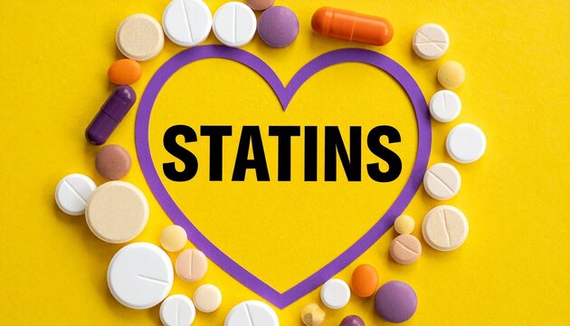 Heart-shaped statins label surrounded by assorted pills on yellow.