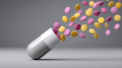 Capsule spills colorful pills on a simple gray background in a studio setting during daylight hours