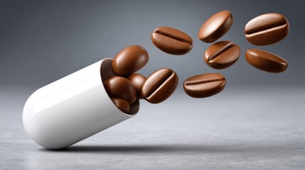 Coffee beans spill out from a white capsule on a gray surface in a dynamic arrangement of shapes and lines